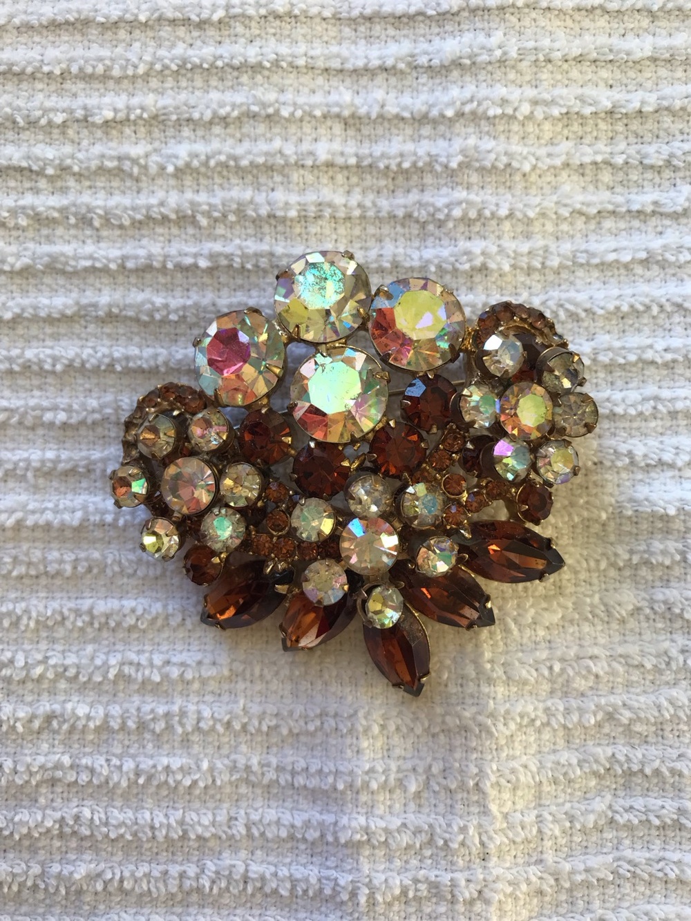 Aurora Crystal Cluster Brooch in Amber and Aurora Borealis